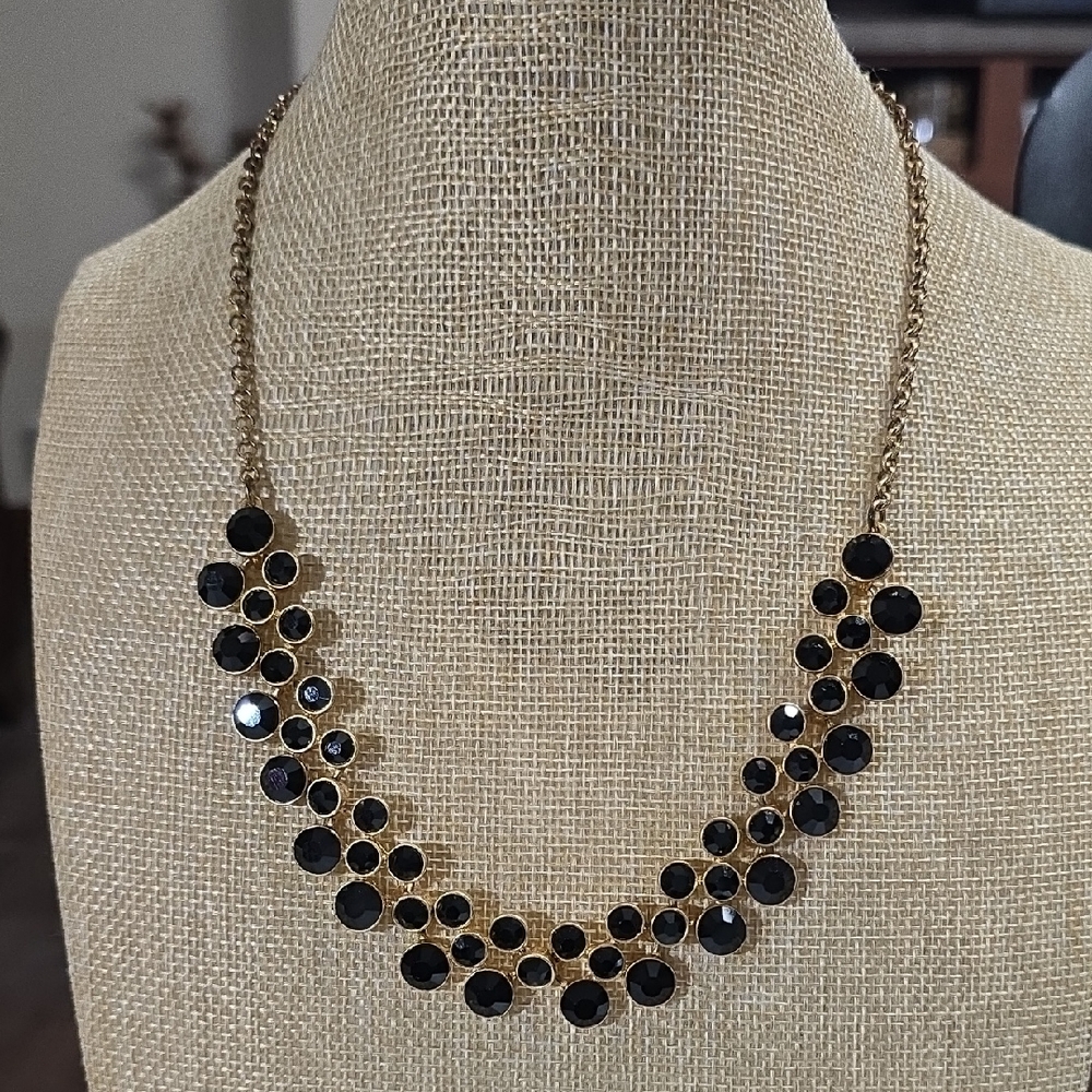 J. Crew Black Crystal Cluster Statement Necklace Gold-Tone